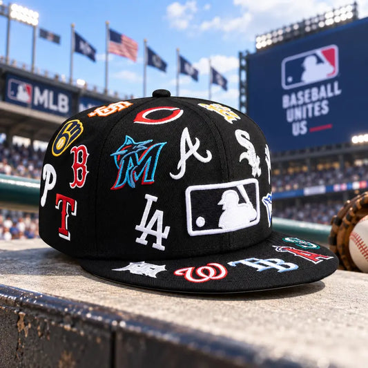 MLB Logo Scramble 59FIFTY Fitted Hat – Black All-Over Embroidered Baseball Cap